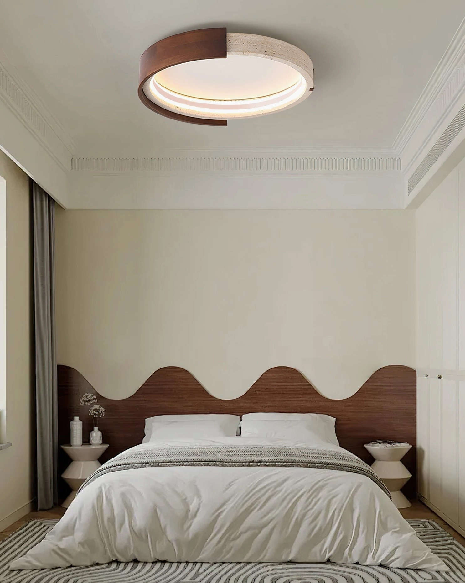 Zenova ceiling light in bedroom with wavy wooden headboard reflecting wabi-sabi warm home style