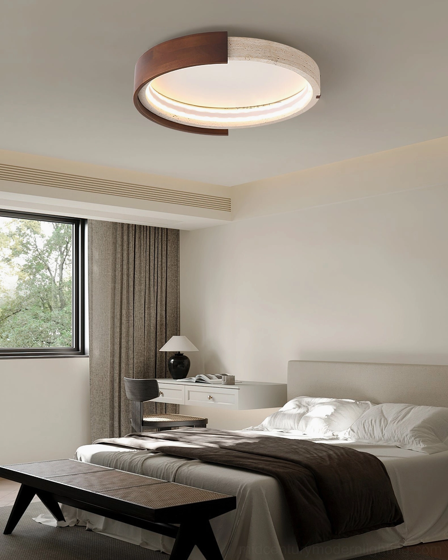 Zenova ceiling light in light luxury minimalist bedroom with large exterior window natural lighting