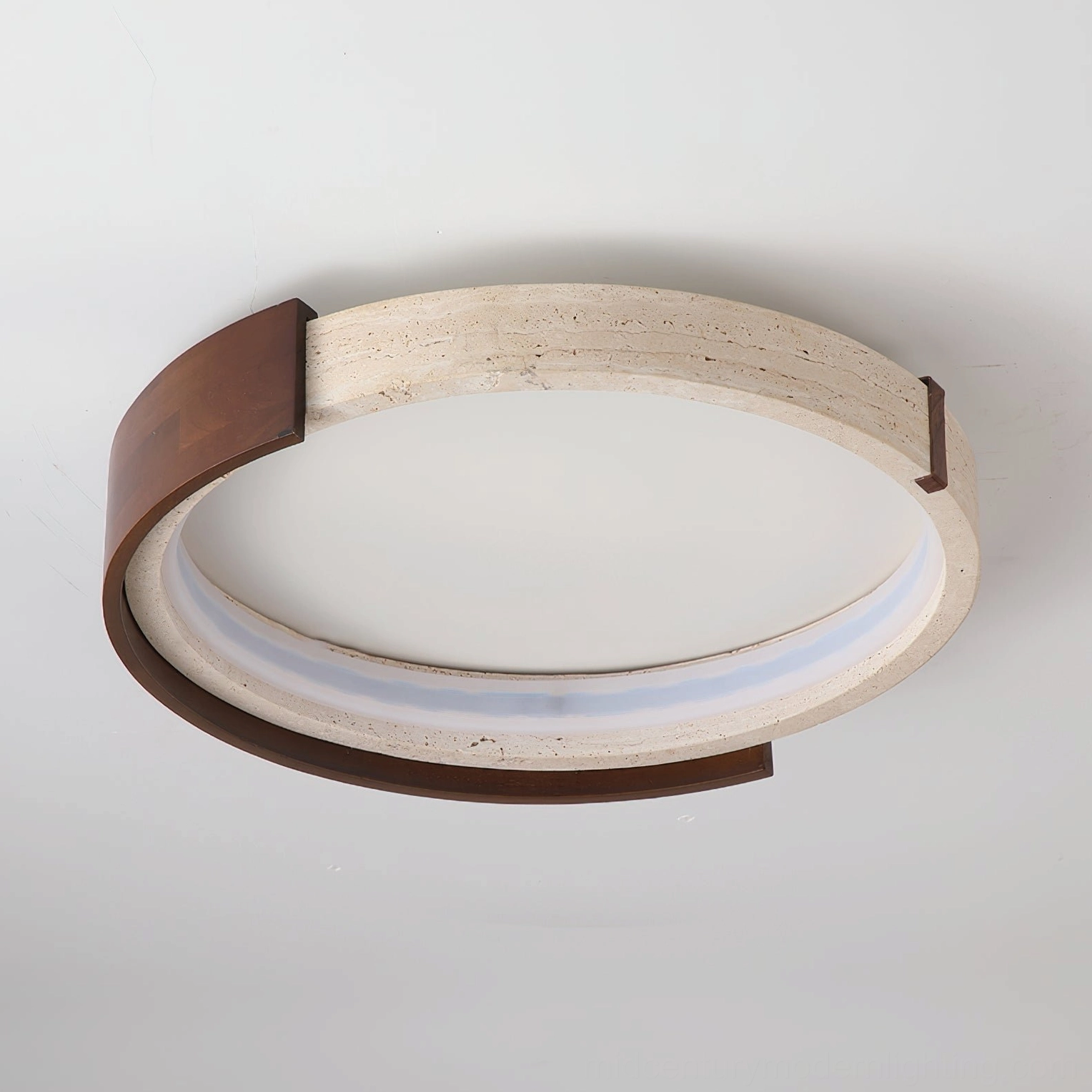 Zenova travertine walnut wood ceiling light product view showing natural stone and wood materials authentic finish
