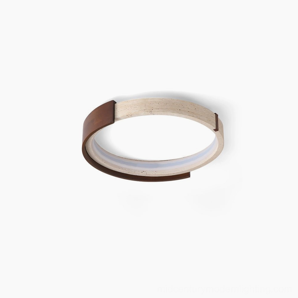 Zenova travertine and walnut wood ceiling light flat overhead view on white background showing dual-tone wabi-sabi ring design