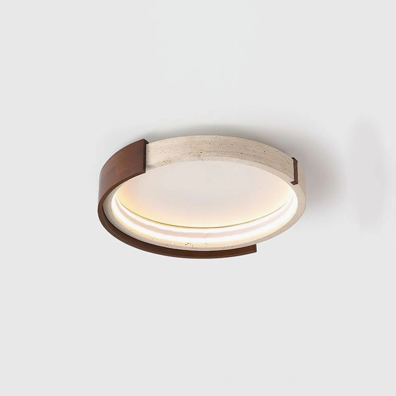 Small Zenova ceiling light 46cm diameter natural travertine stone walnut wood beige warm light variant