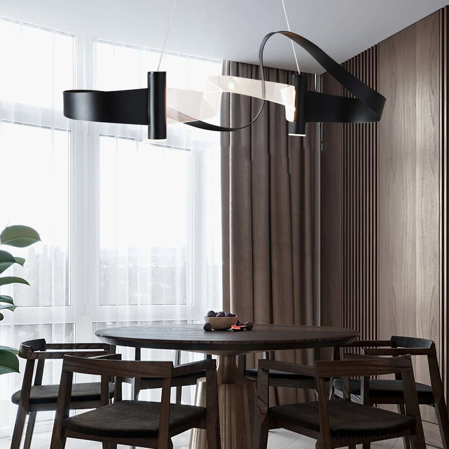 Zephyr LED linear suspension chandelier artistic detail highlighting hand-bent acrylic guide and sculptural steel architecture