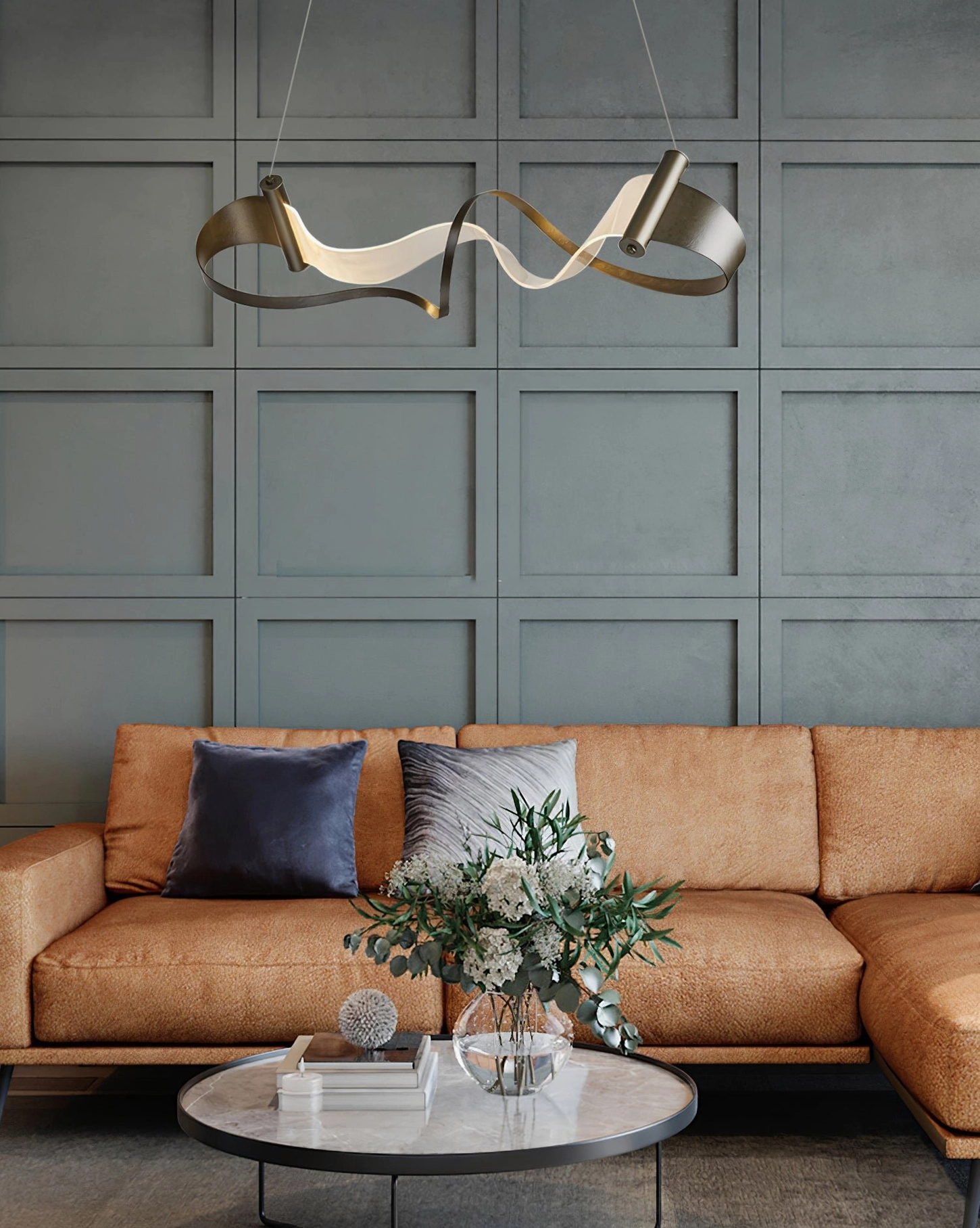 Zephyr modern LED linear suspension showing complete sculptural form with flowing acrylic loop and textured metal frame