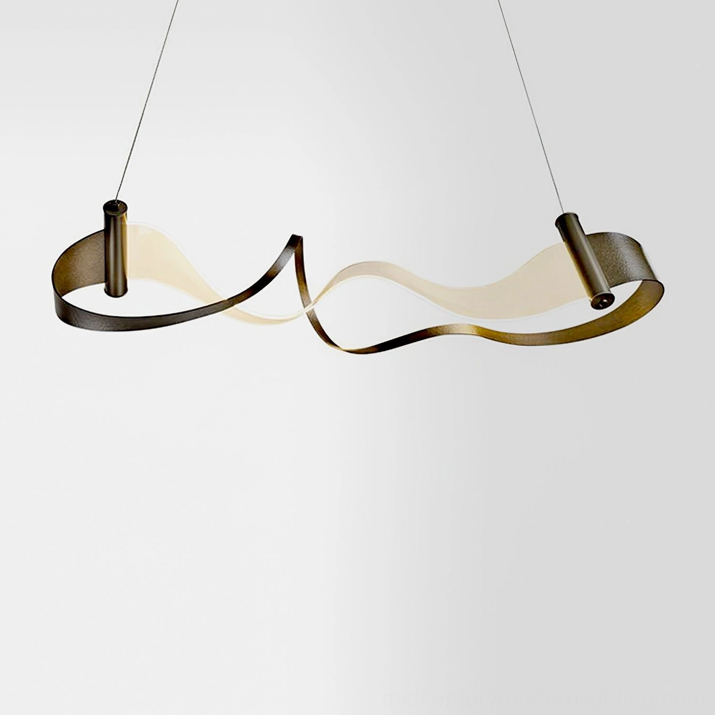 Flat front view of Zephyr LED linear chandelier with modern black and gold minimalist design on pure white background