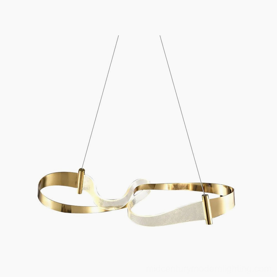 Zephyr LED linear chandelier with hand-bent acrylic and heat-textured steel frame in gold finish against white studio background