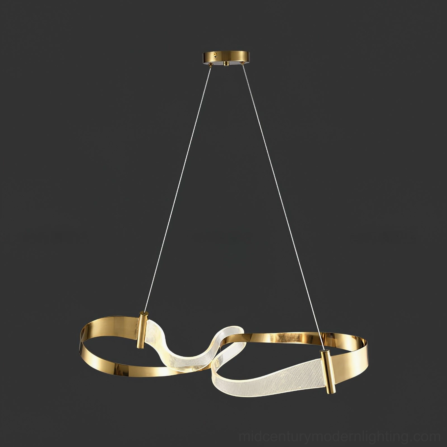 Zephyr LED curved pendant light with sleek gold-toned metal frame and white acrylic diffuser on dark gray background
