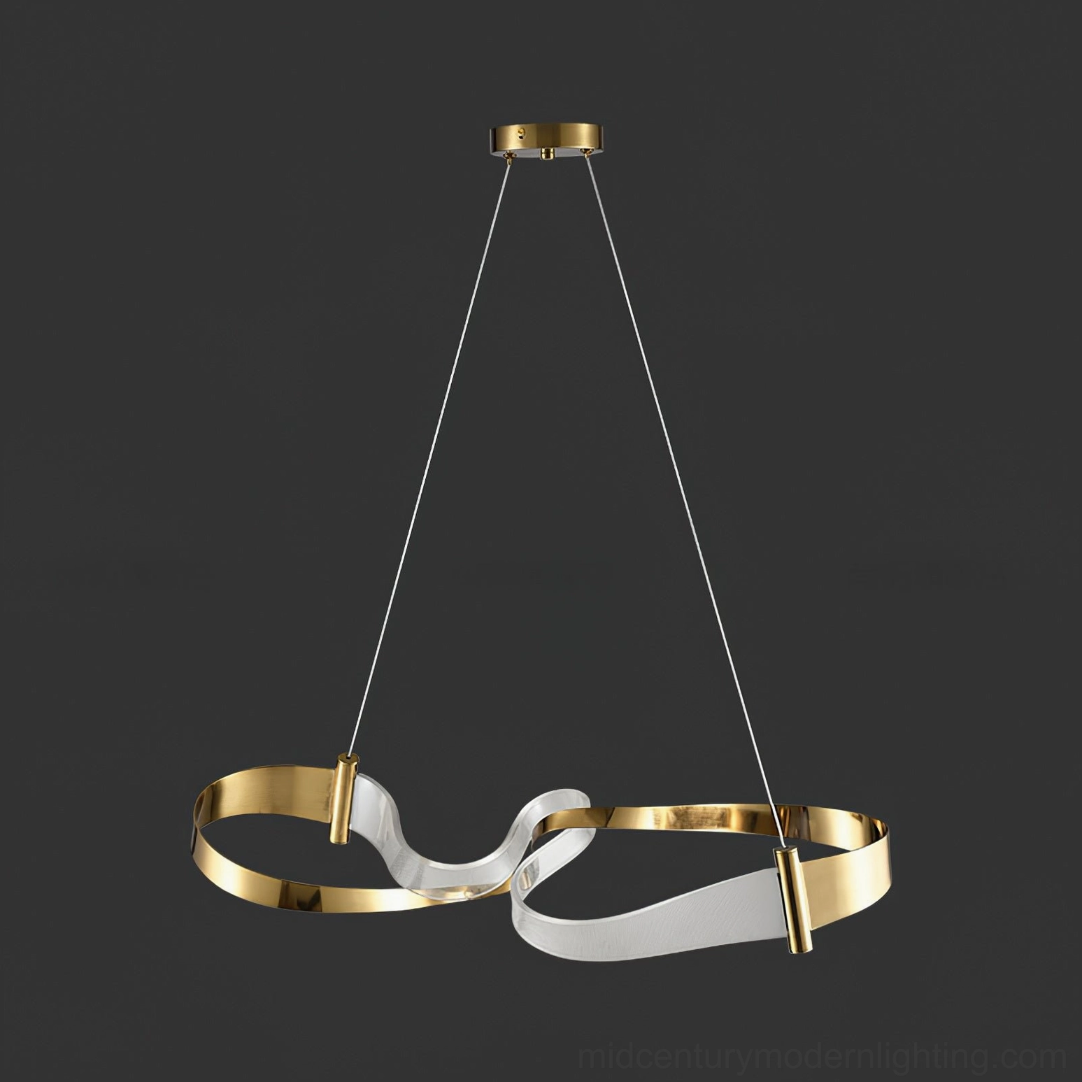 Front view of Zephyr LED linear chandelier showcasing fluid wave-like design in gold metal with contemporary minimalist styling