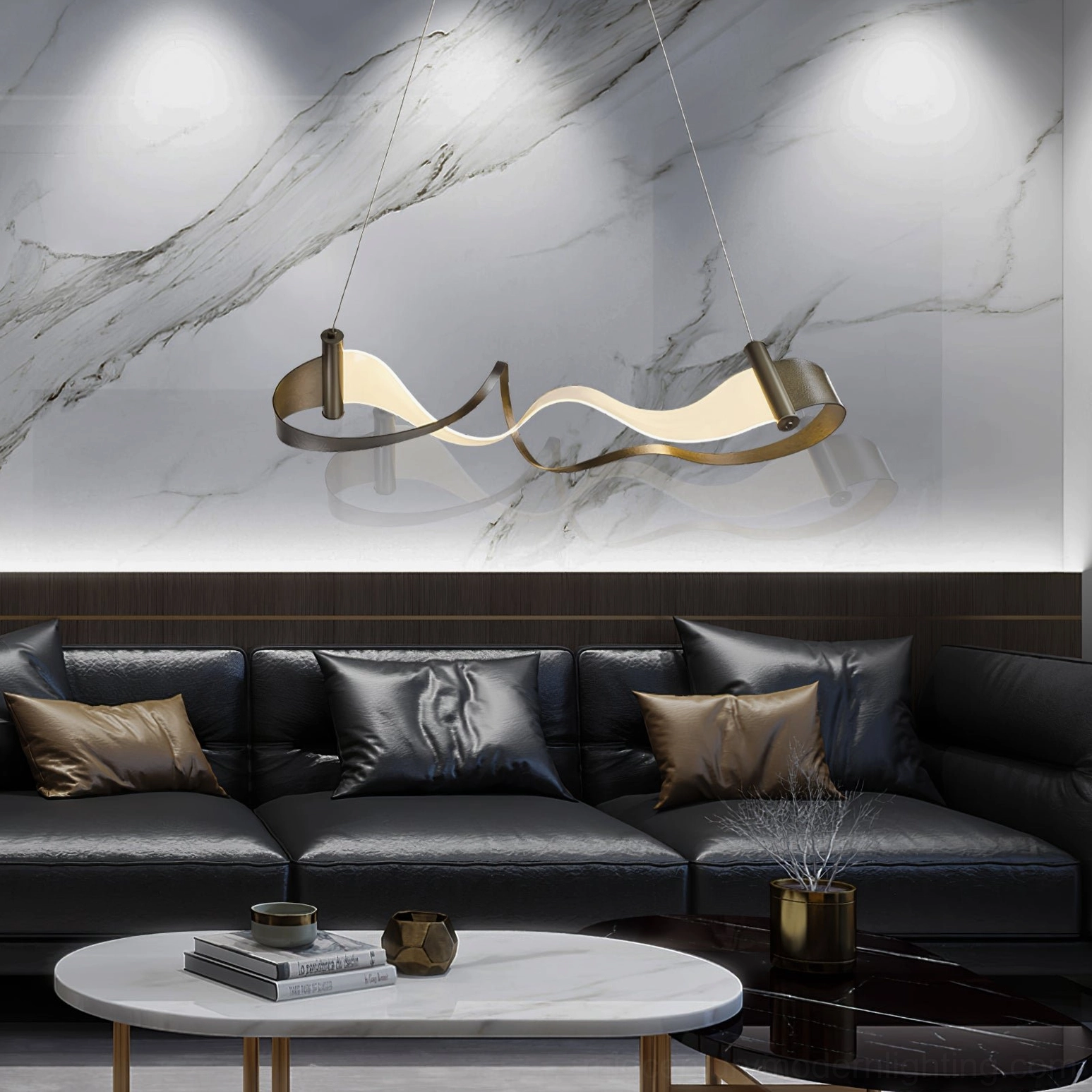 Modern minimalist living room featuring Zephyr LED linear chandelier suspended above seating area with luxury contemporary decor