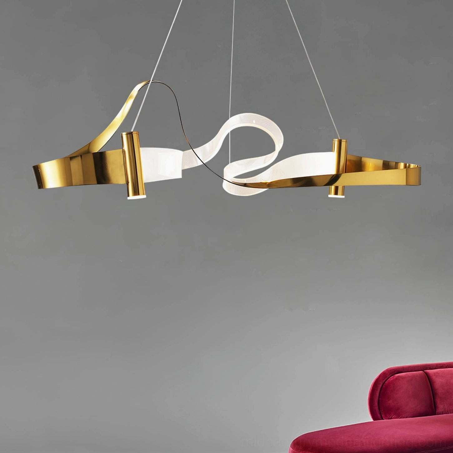 Zephyr LED pendant light fixture featuring continuous acrylic light guide morphing into heat-textured steel frame design