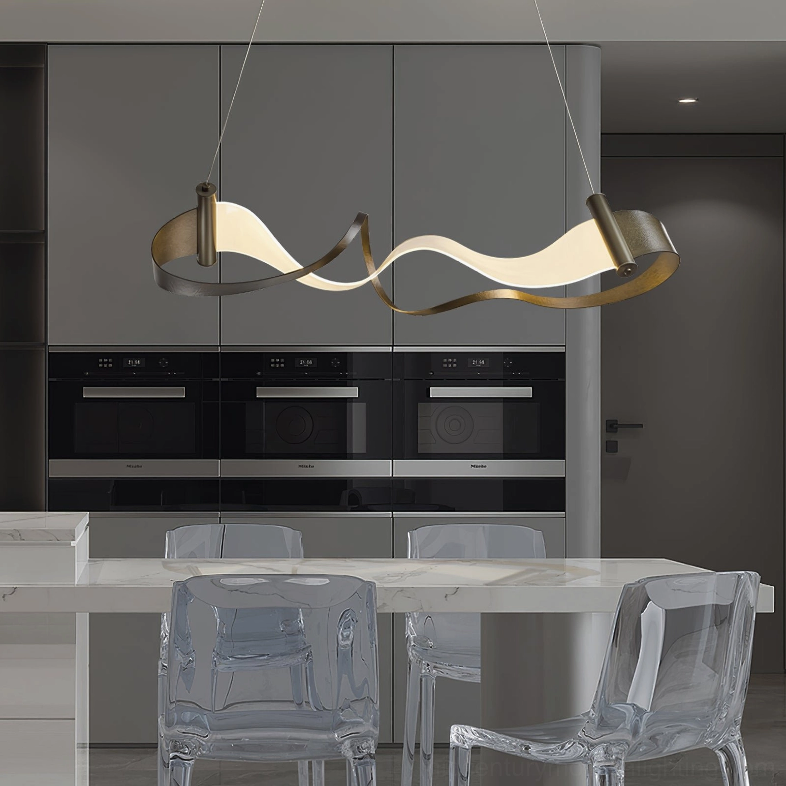 Zephyr LED linear chandelier installed above modern kitchen dining area creating upscale contemporary home lighting ambiance