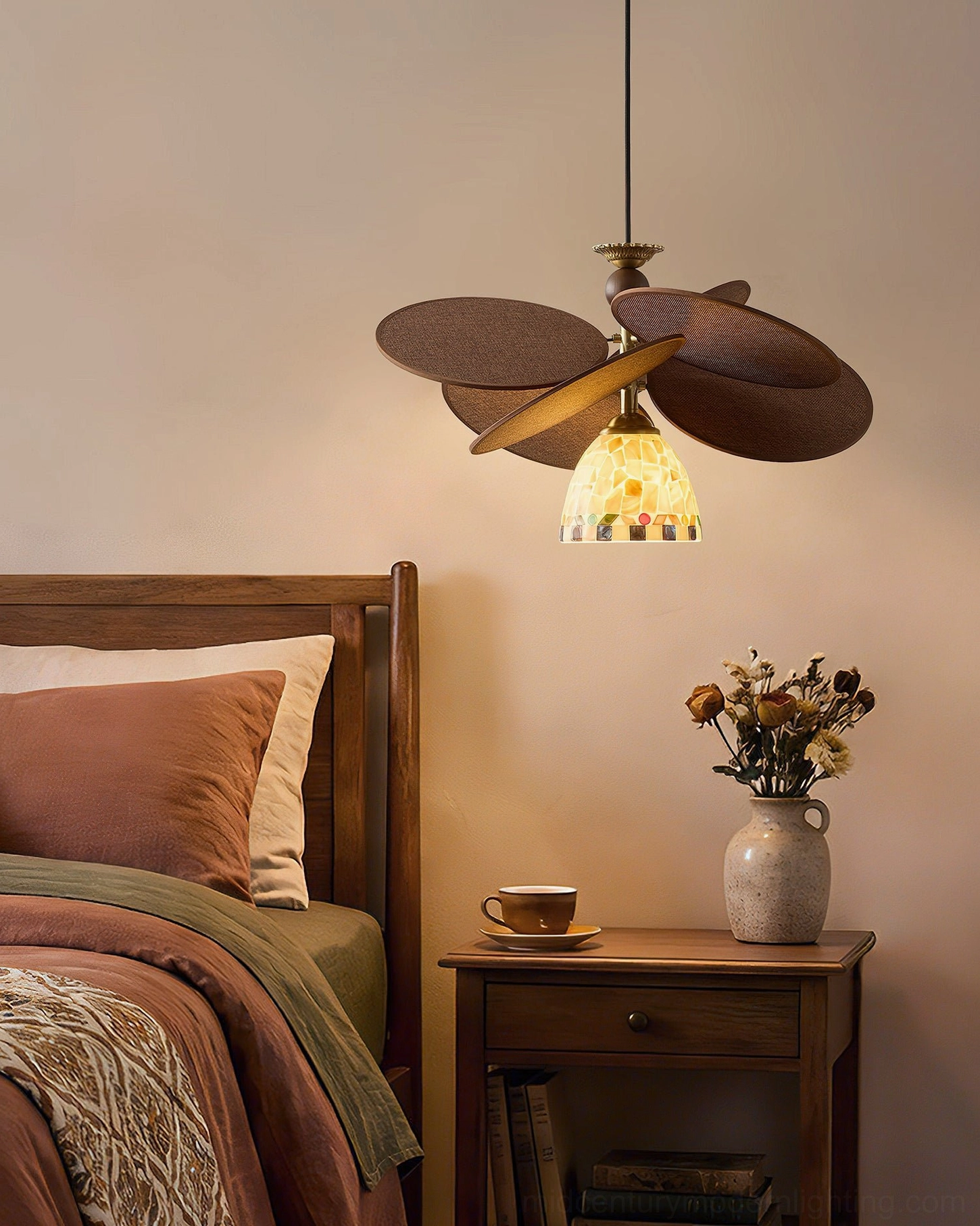 Zinnia Flora ceiling fixture in cozy vintage bedroom three-quarter perspective