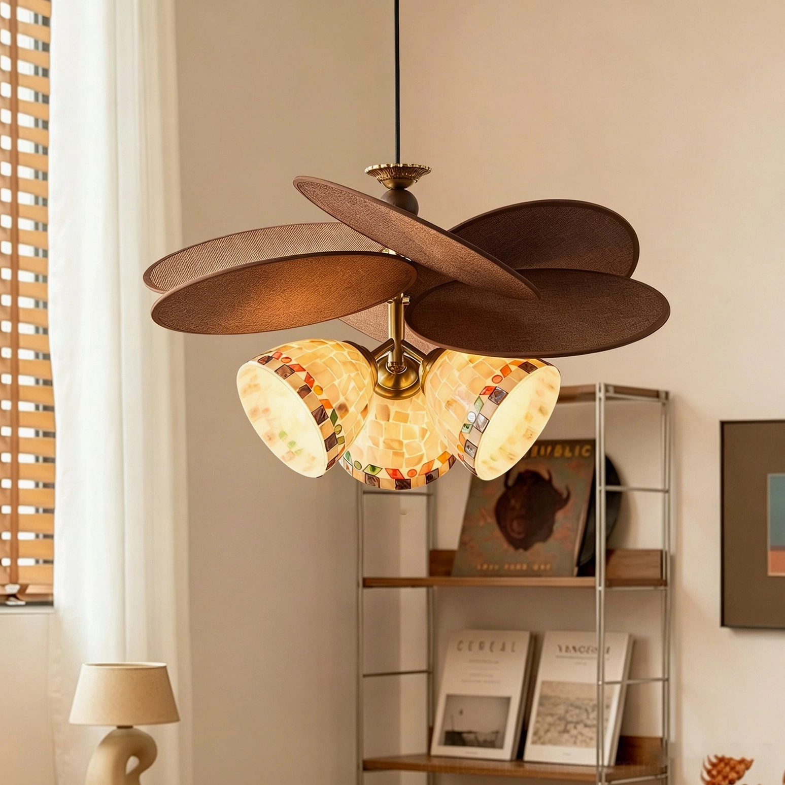 Three-quarter view of Zinnia Flora multi-light fixture in retro study setting with bookshelf