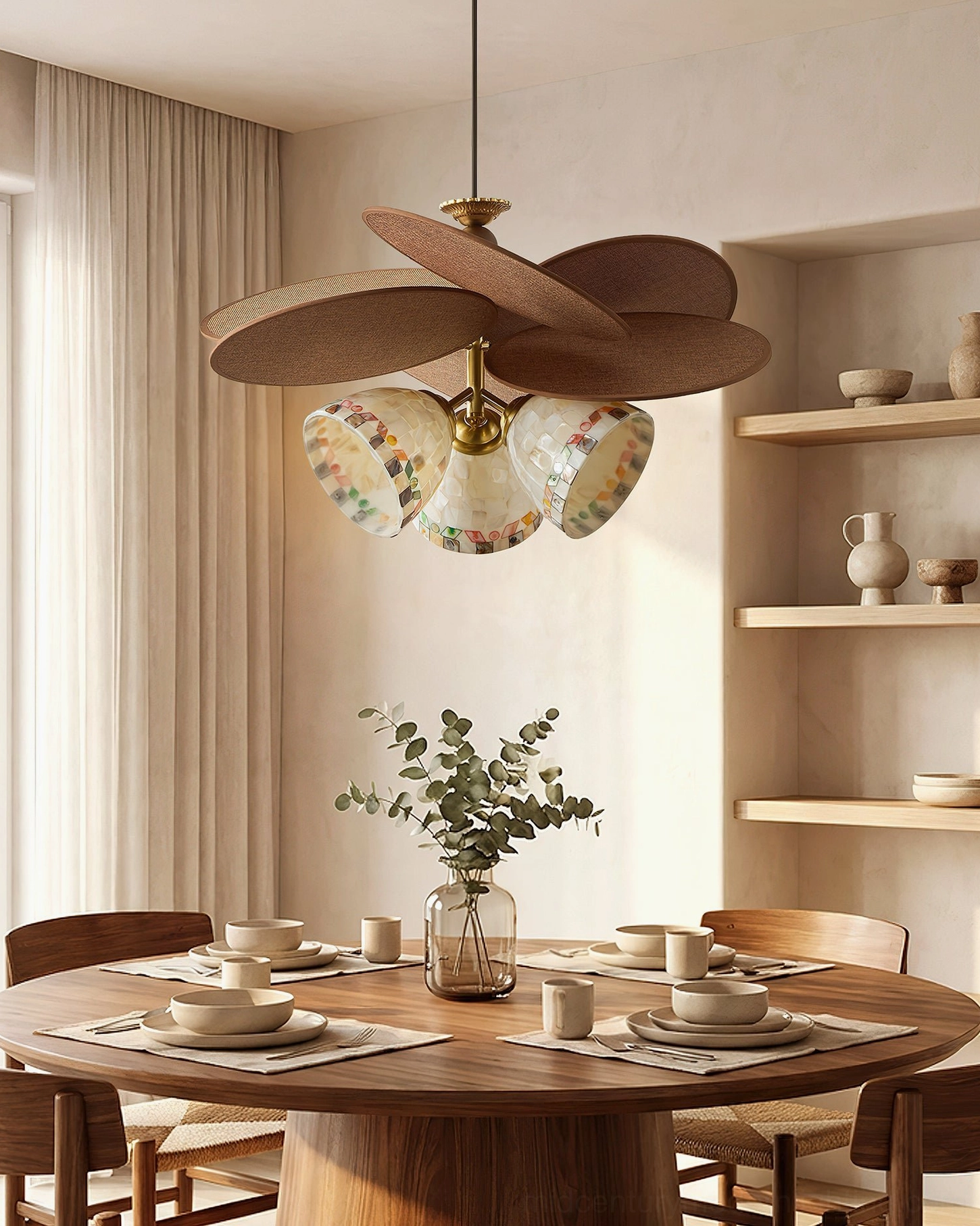 Warm dining room with open shelving featuring Zinnia Flora chandelier and woven brown fan design