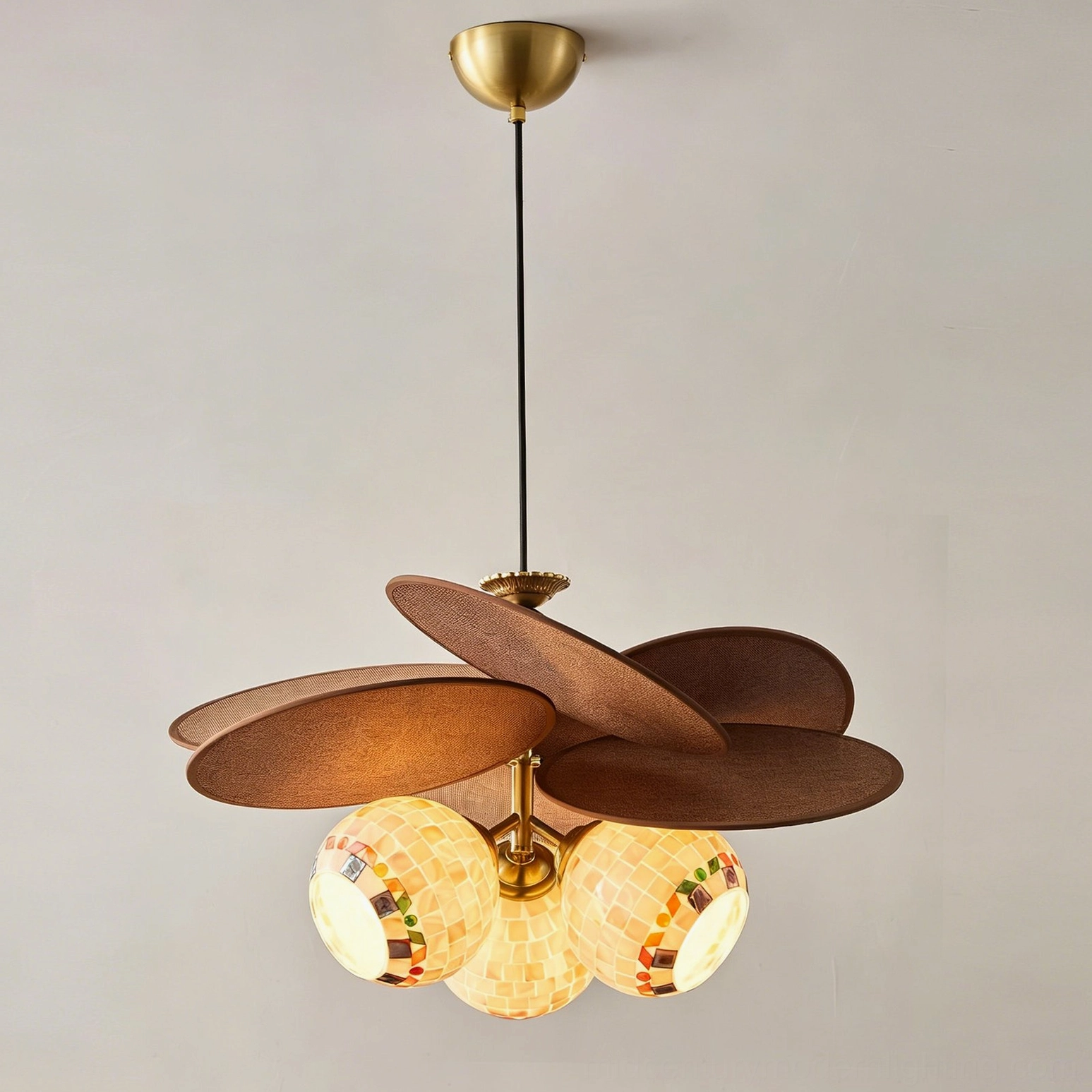 Geometric shell mosaic globe detail of Zinnia Flora chandelier lighting fixture colorful pattern