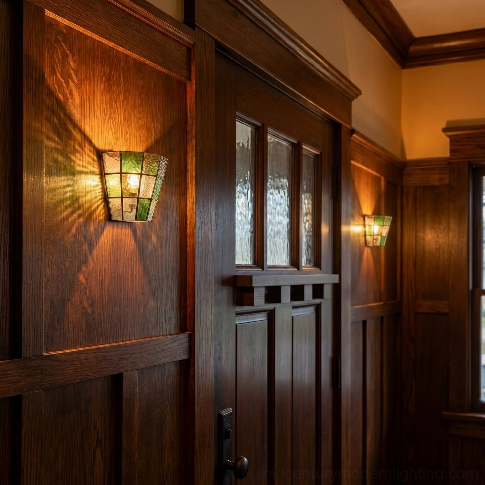 Zola stained glass wall sconce demonstrating warm color cast through amber glass panels