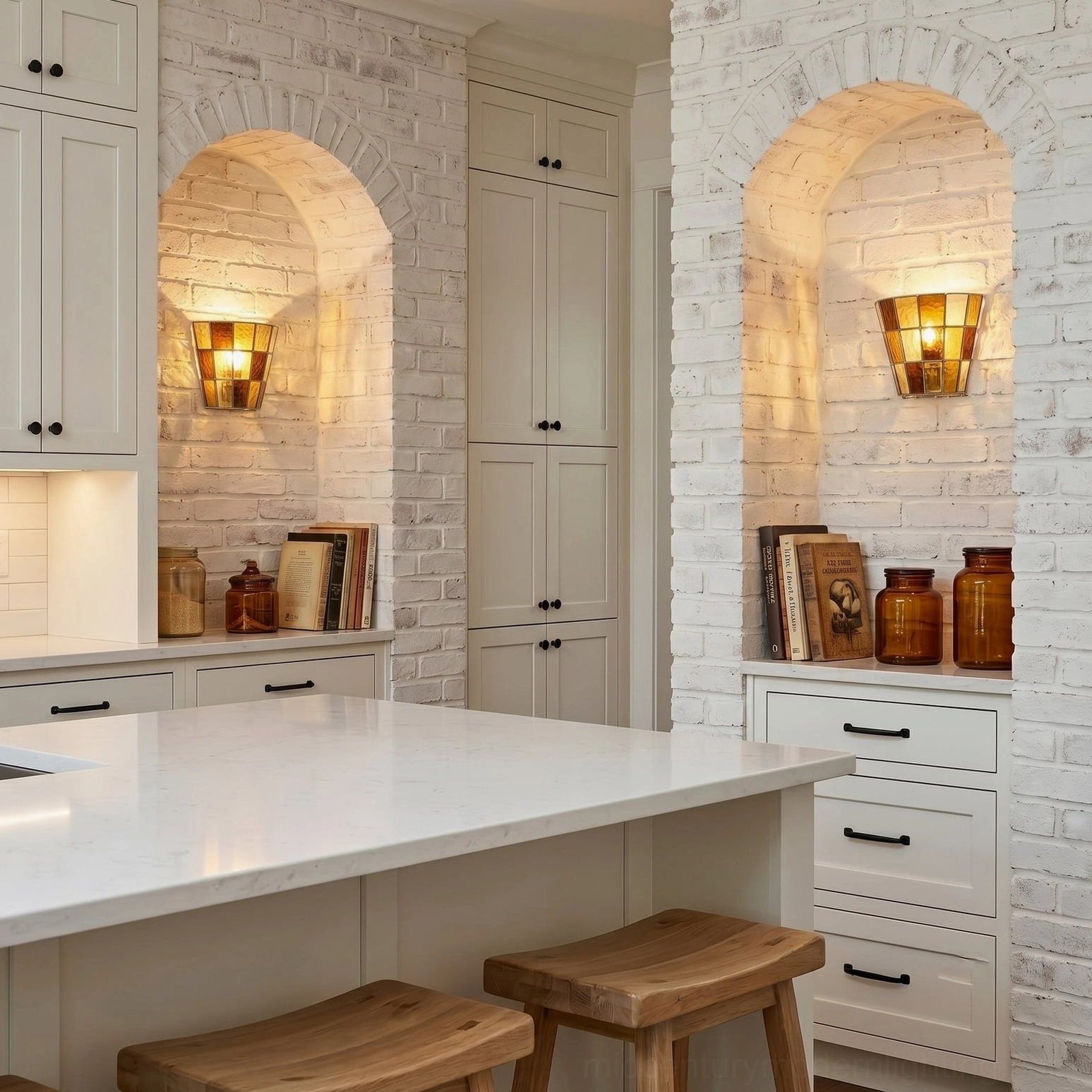 Zola amber leaded glass sconce in white brick farmhouse kitchen nook with warm southwestern rustic styling