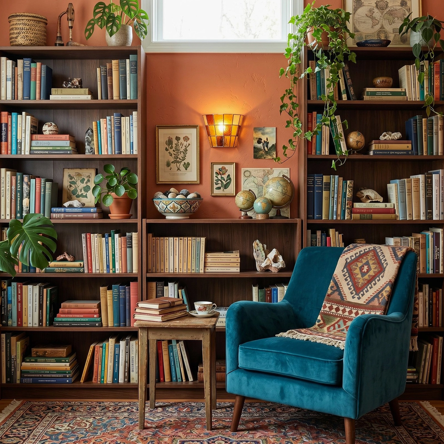 Zola amber glass sconce illuminated in cozy home library setting with full bookshelves and boho eclectic decor