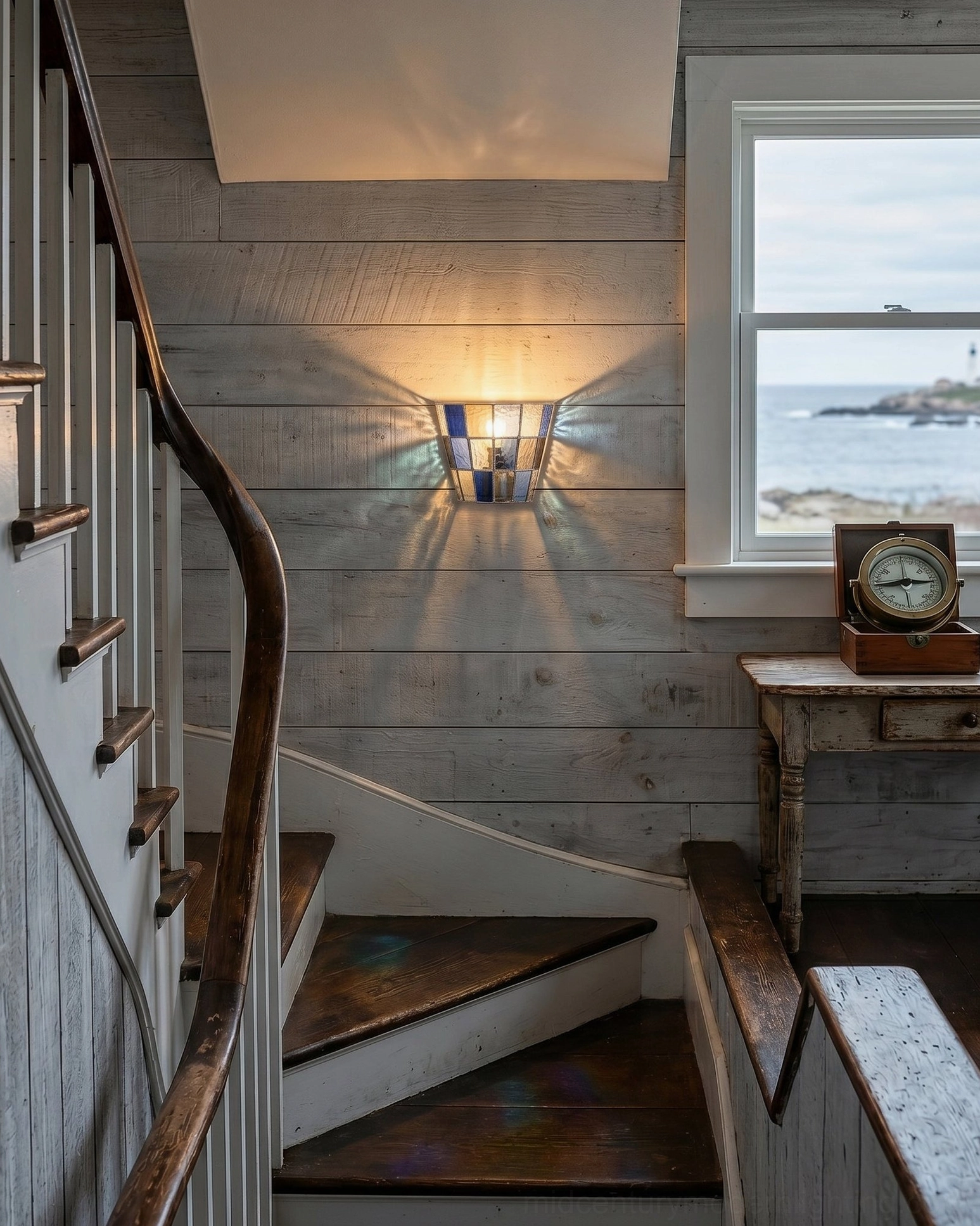 Zola blue leaded glass sconce on weathered wooden stairwell wall with coastal farmhouse aesthetic