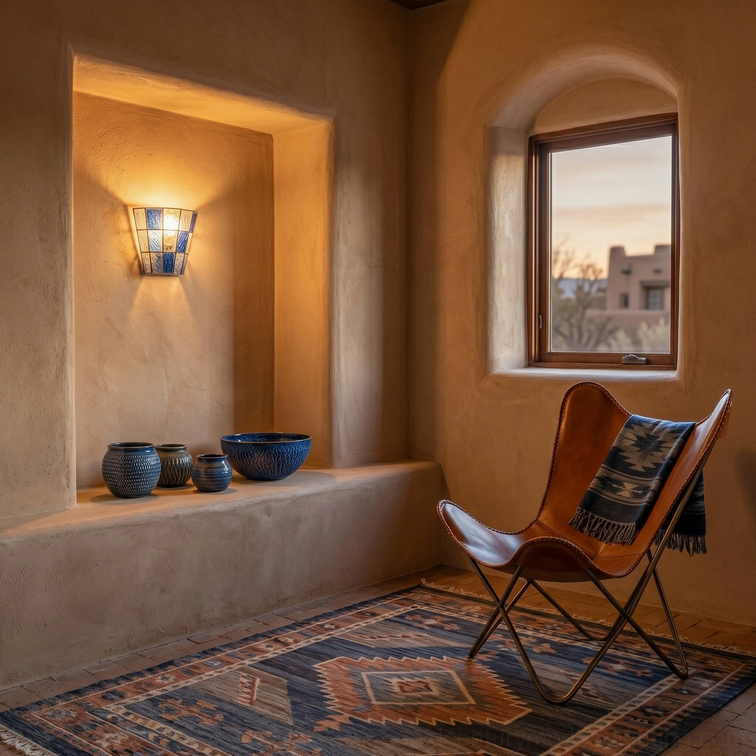 Zola blue leaded glass sconce in southwestern style sitting room with terracotta walls and rustic decor