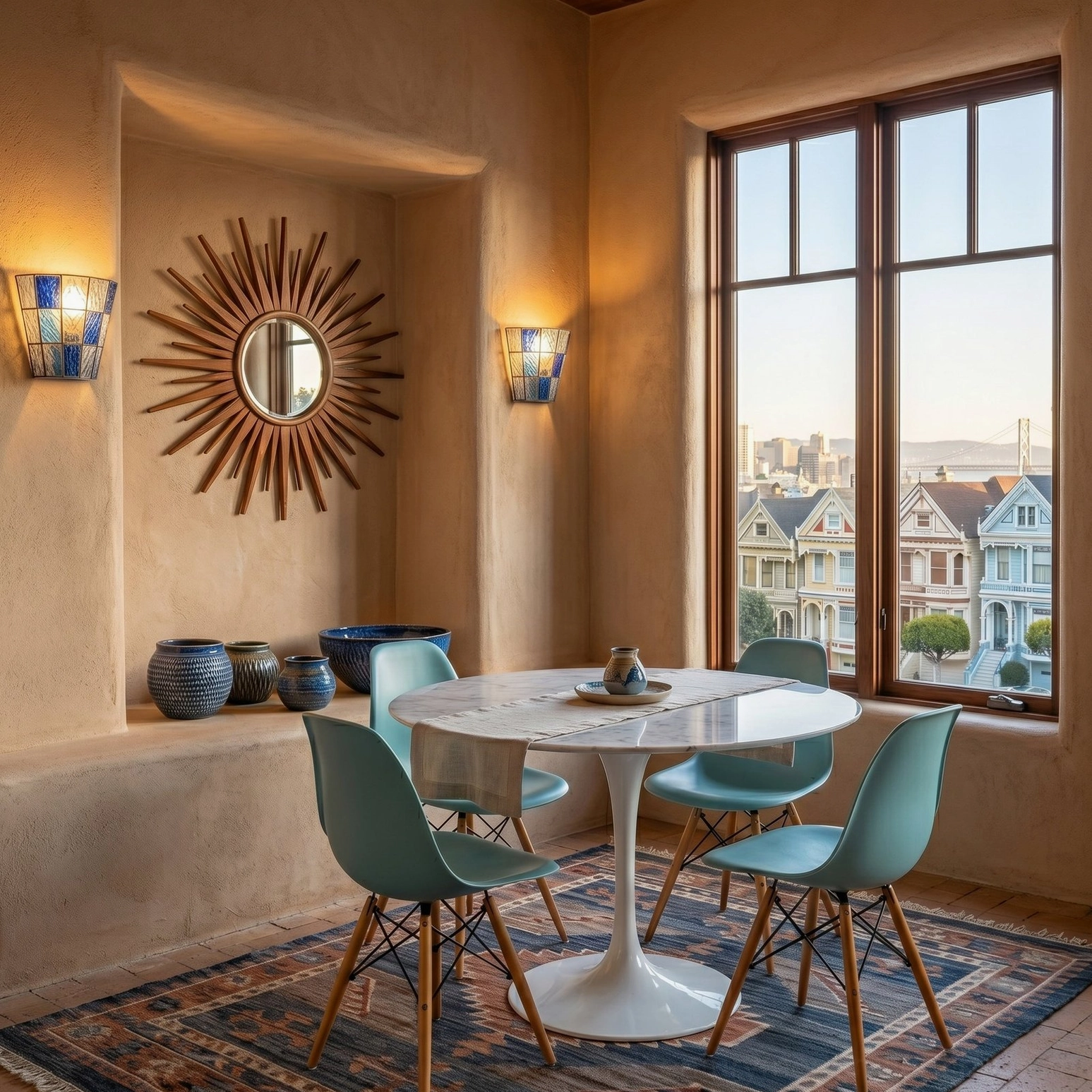 Pair of Zola stained glass wall sconces flanking dining area with warm-toned alcove and sunburst mirror