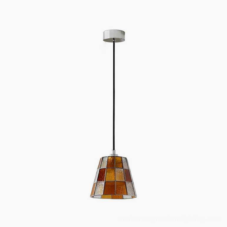 Zola orange glass pendant lamp, warm amber-toned geometric tapered shade mid-century design