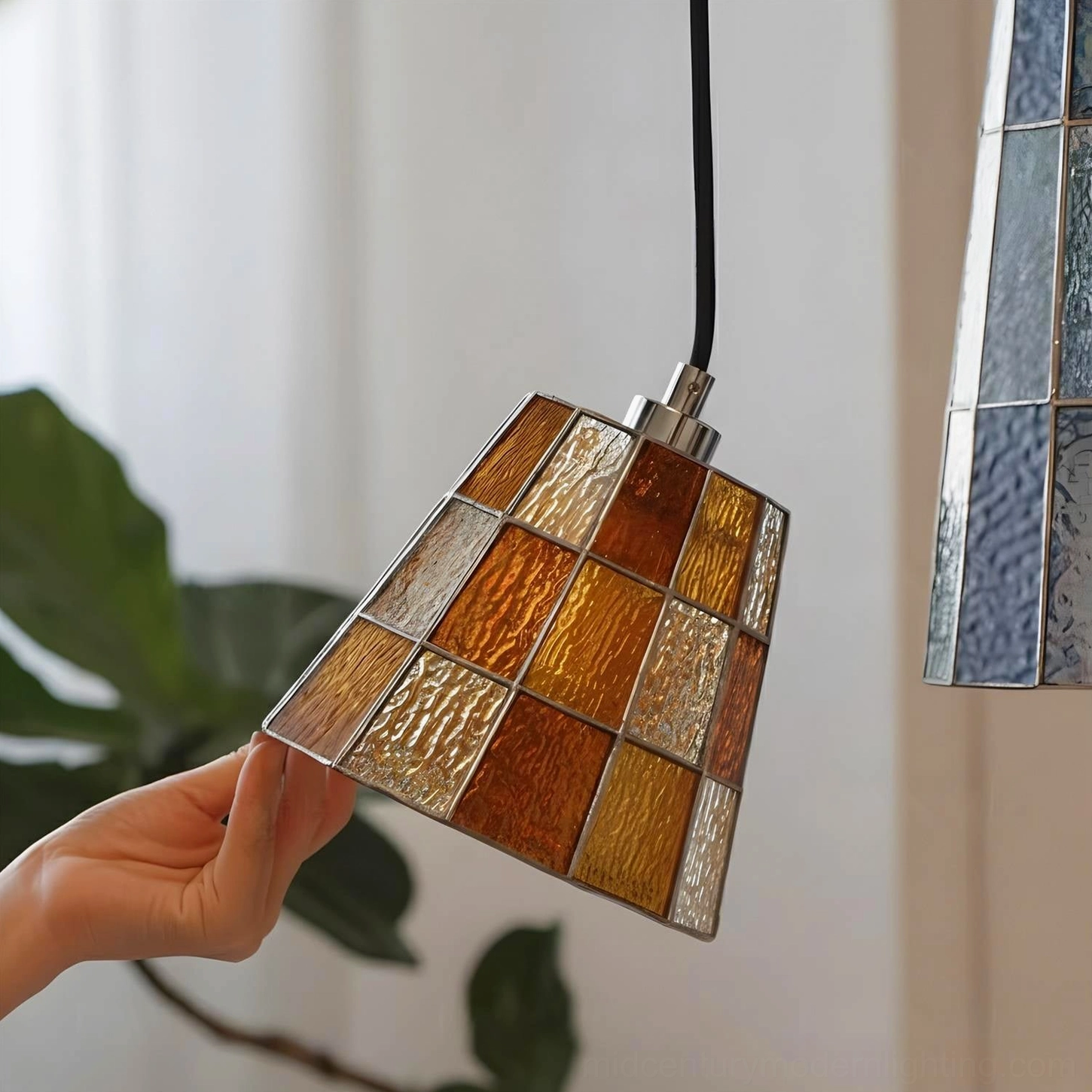 Zola stained glass pendant lamp shade with silver metal fixture and black cord, detail photography