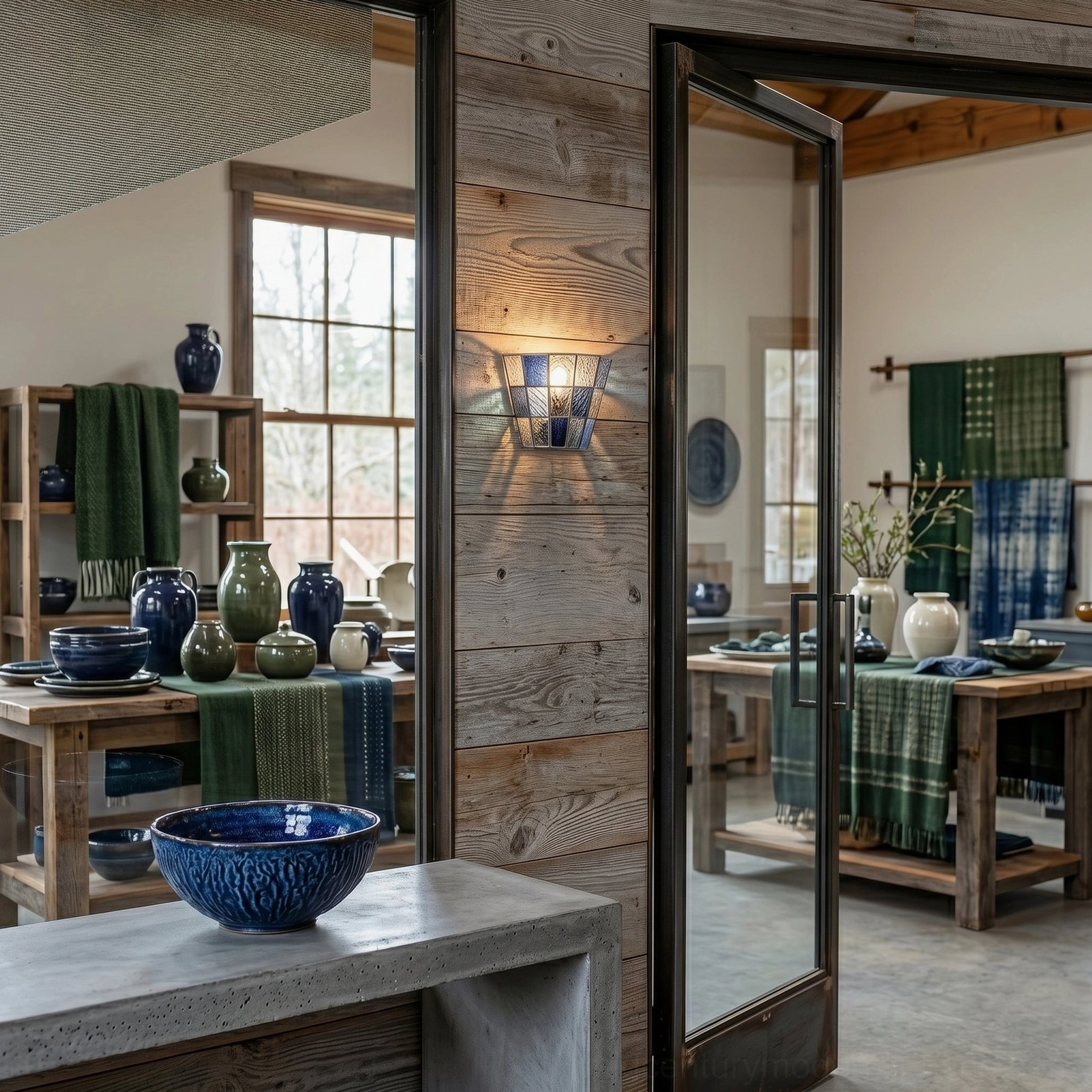 Zola stained glass wall sconce visible through interior doorway in farmhouse utility room with wooden paneling